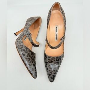Manolo Blahnik Vintage Metallic Grey Leopard Campari Mary Jane pumps EU 38.5